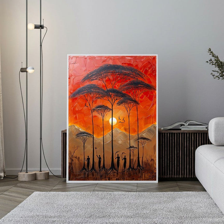 Wadi Home African savanna landscape painting with silhouetted acacia trees and figures against a fiery orange sunset. Textured impasto acrylic art.