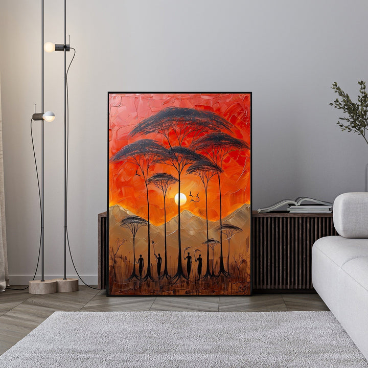 Wadi Home African sunset landscape painting with impasto technique, silhouetted acacia trees, and figures against a fiery orange sky.