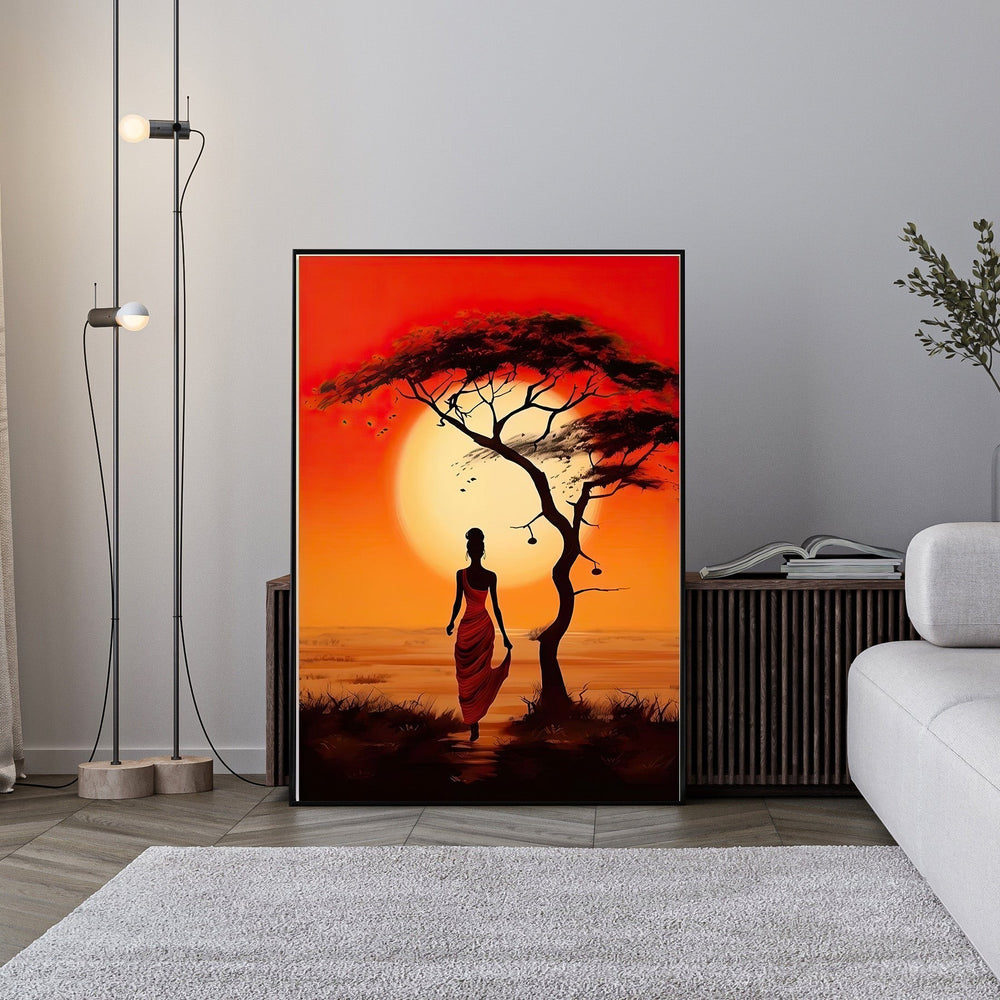 Wadi Home African Sunset landscape art with a woman in a red dress walking under an acacia tree.