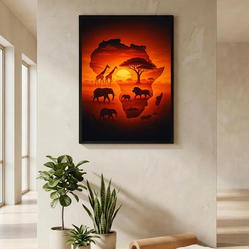 Wadi Home African continent silhouette wall art with elephants, giraffes, lions, and sunset scene. Warm orange and red hues.