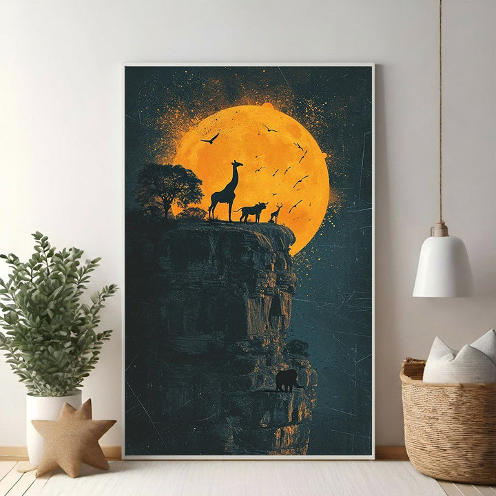 Wadi Home African Wildlife Sunset Silhouette Wall Art featuring giraffes, antelopes, and birds against a large orange moon.