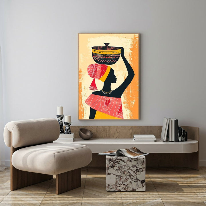 Wadi Home African woman carrying a basket wall art, vibrant colors, silhouette style, textured background.