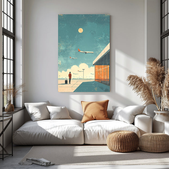 Wadi Home Airport Departure Scene wall art: minimalist illustration of traveler with suitcase, planes taking off, airport terminal, hazy sun. Blues, oranges, sandy tones.