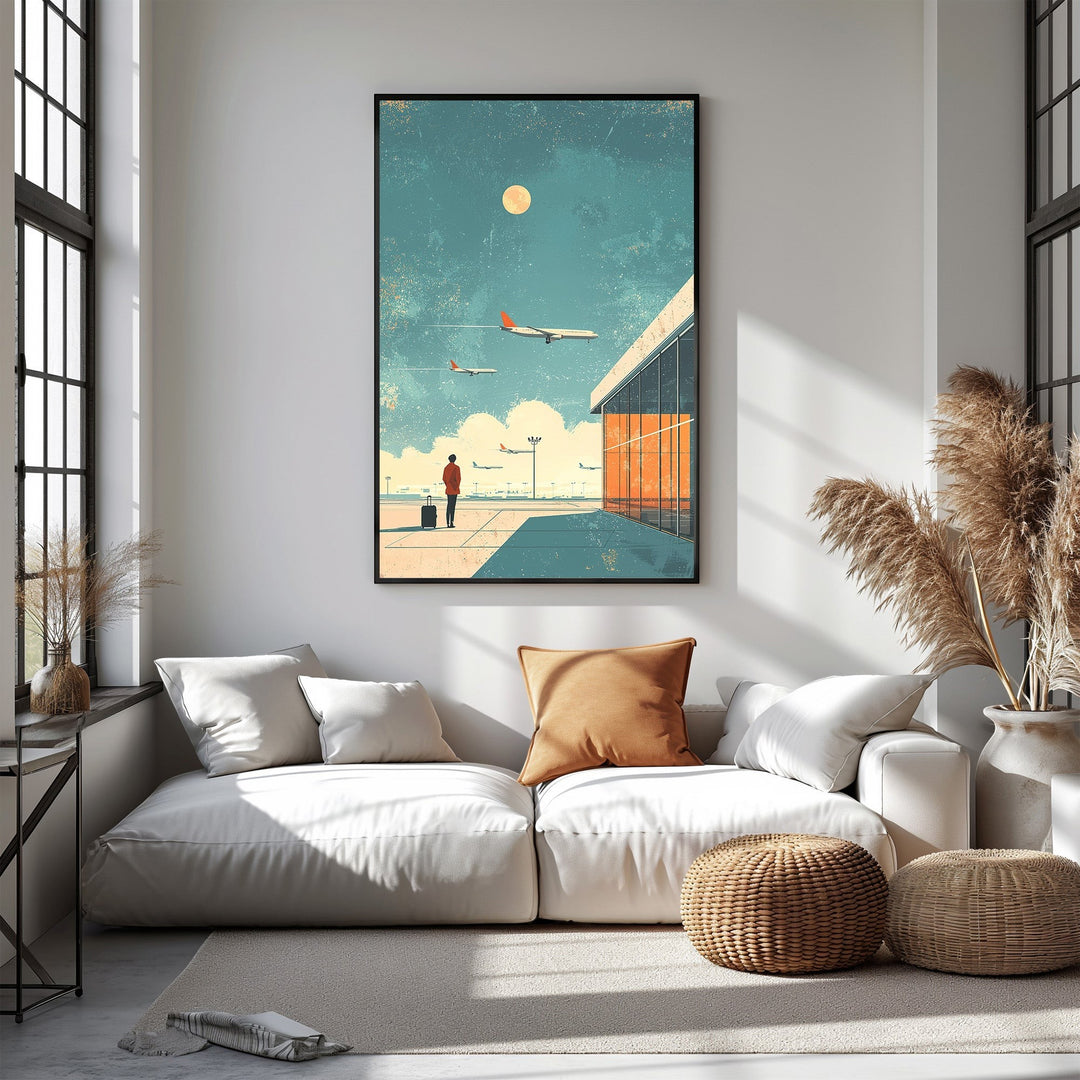 Wadi Home Airport Departure Scene wall art, minimalist illustration of traveler with suitcase, planes taking off, hazy sun, blues, oranges, sandy tones.