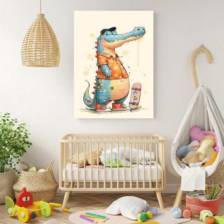 Wadi Home cartoon alligator wearing a hat and orange shirt, standing with a skateboard. Vibrant print for kids' rooms.