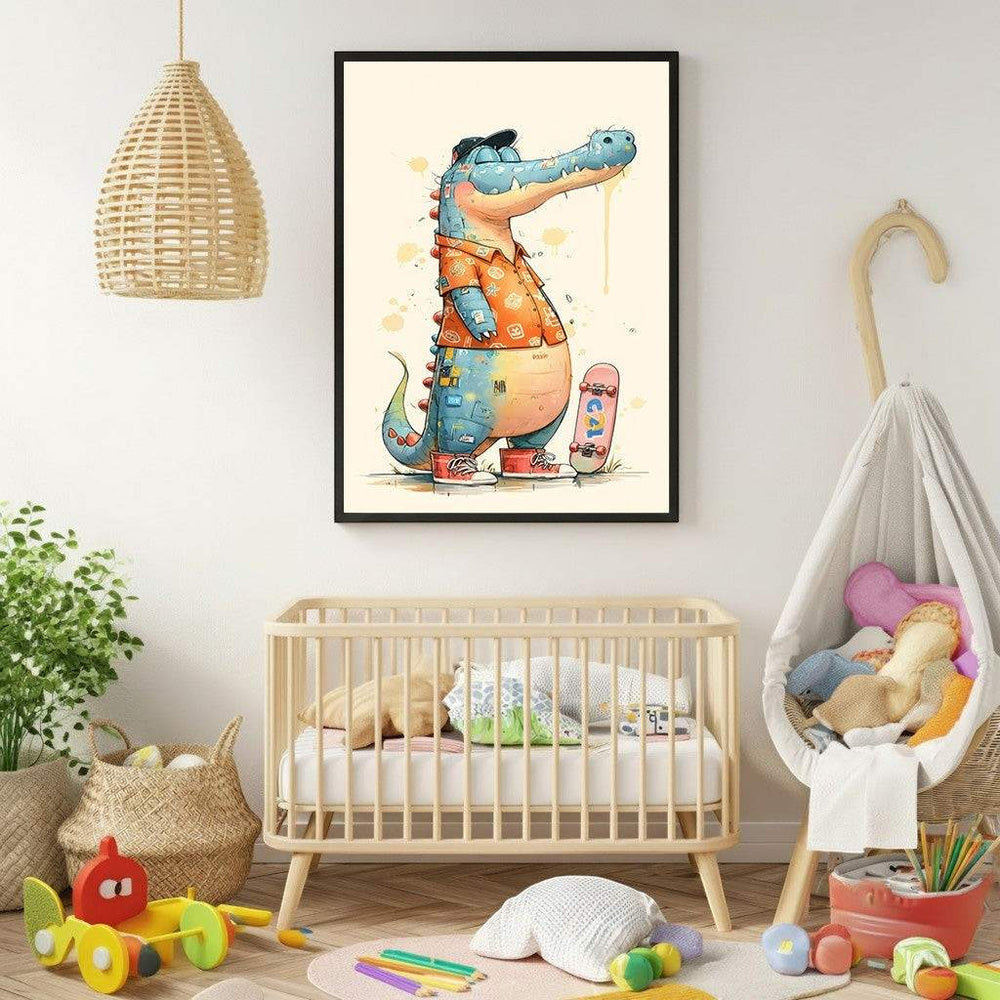 Wadi Home framed cartoon alligator with skateboard wall art. Blue alligator wears an orange shirt and red sneakers.