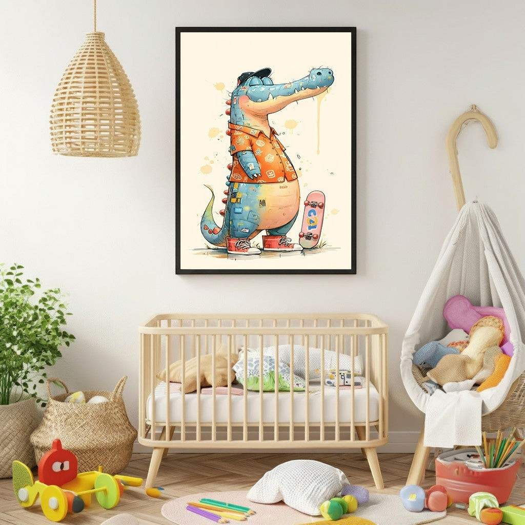 Wadi Home framed cartoon alligator with skateboard wall art. Blue alligator wears an orange shirt and red sneakers.