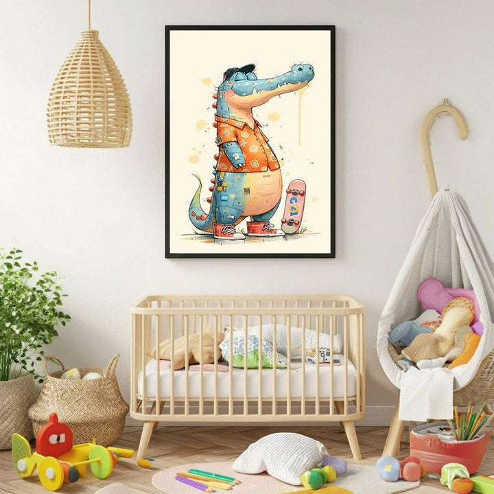 Wadi Home framed cartoon alligator with skateboard wall art. Blue alligator wears an orange shirt and red sneakers.