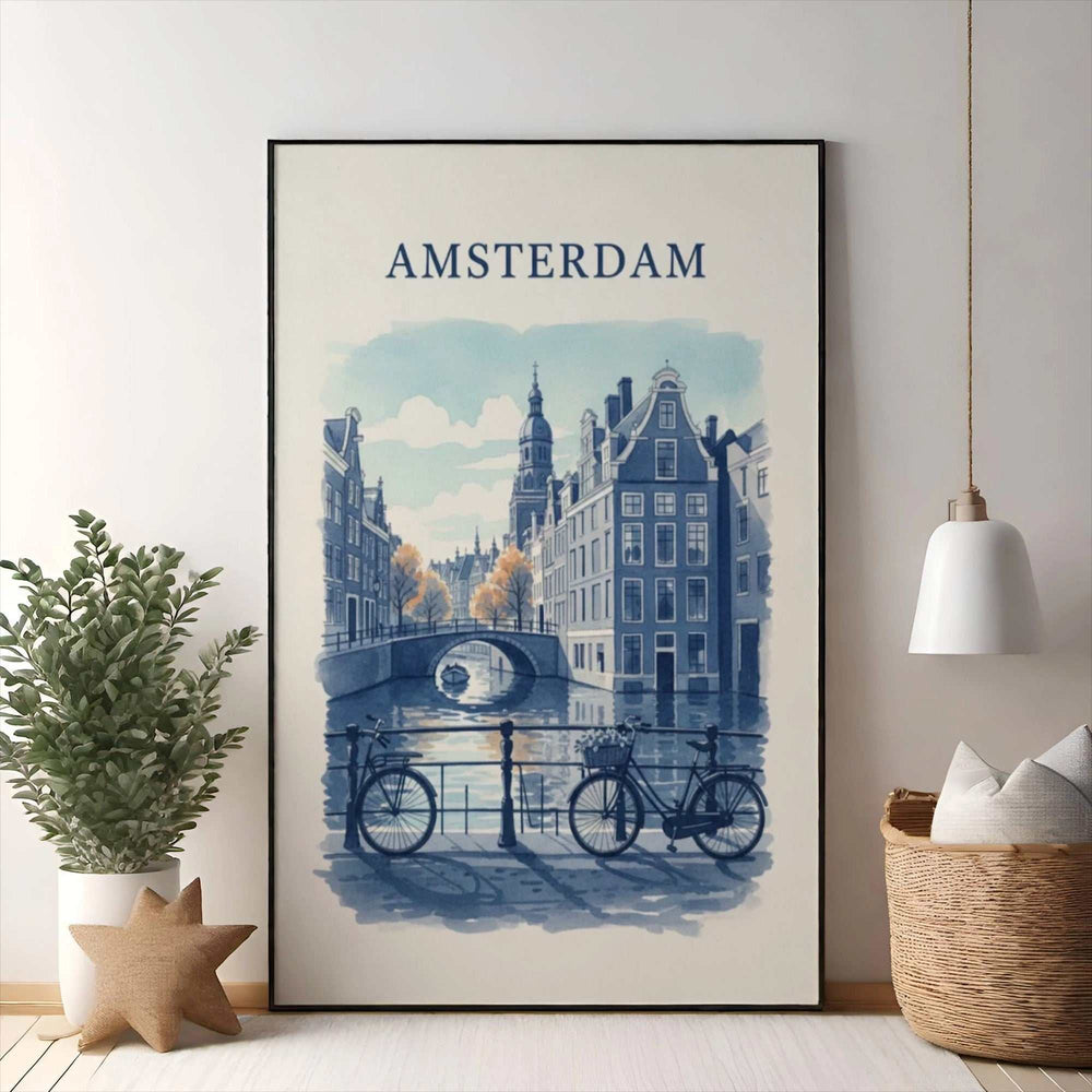 Wadi Home Amsterdam canal scene watercolor print with bicycles and Dutch architecture in blue tones.