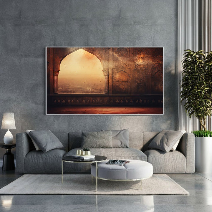 Wadi Home Ancient Archway Landscape Wall Art with warm earthy tones and intricate details of ancient architecture.