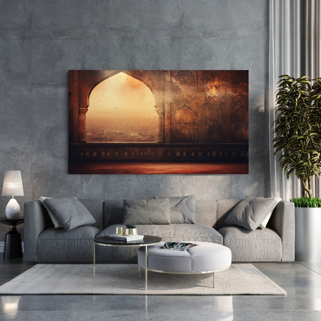 Wadi Home Ancient Archway Landscape Wall Art with warm earthy tones and intricate details, evoking historical grandeur.