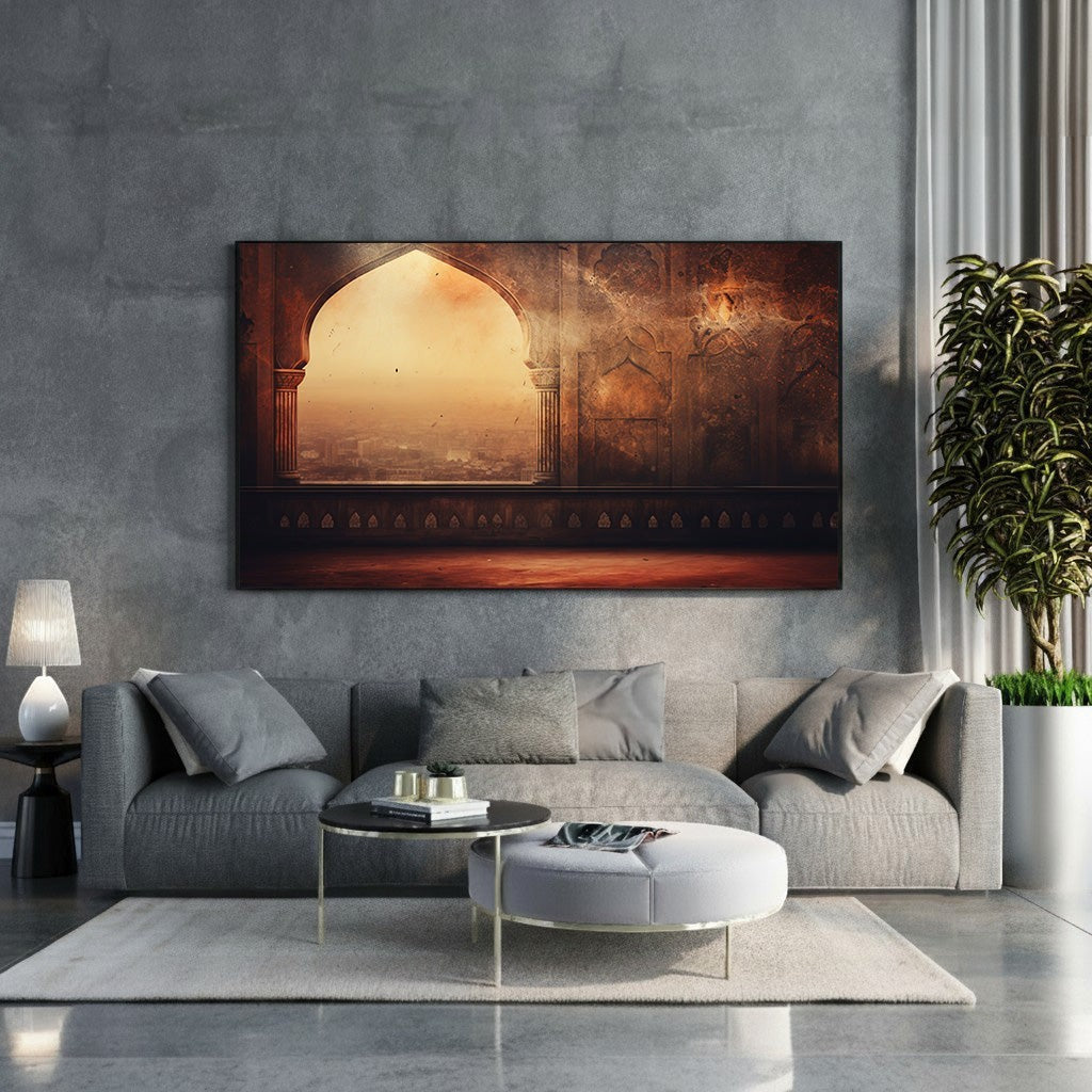 Wadi Home Ancient Archway Landscape Wall Art with warm earthy tones and intricate details, evoking historical grandeur.