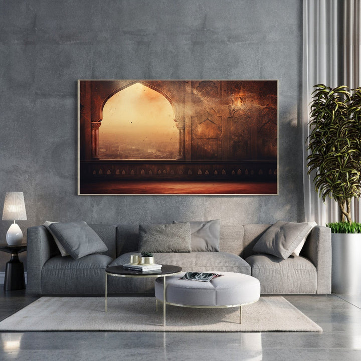Wadi Home Ancient Archway Landscape Wall Art with warm earthy tones and intricate details, evoking historical grandeur.