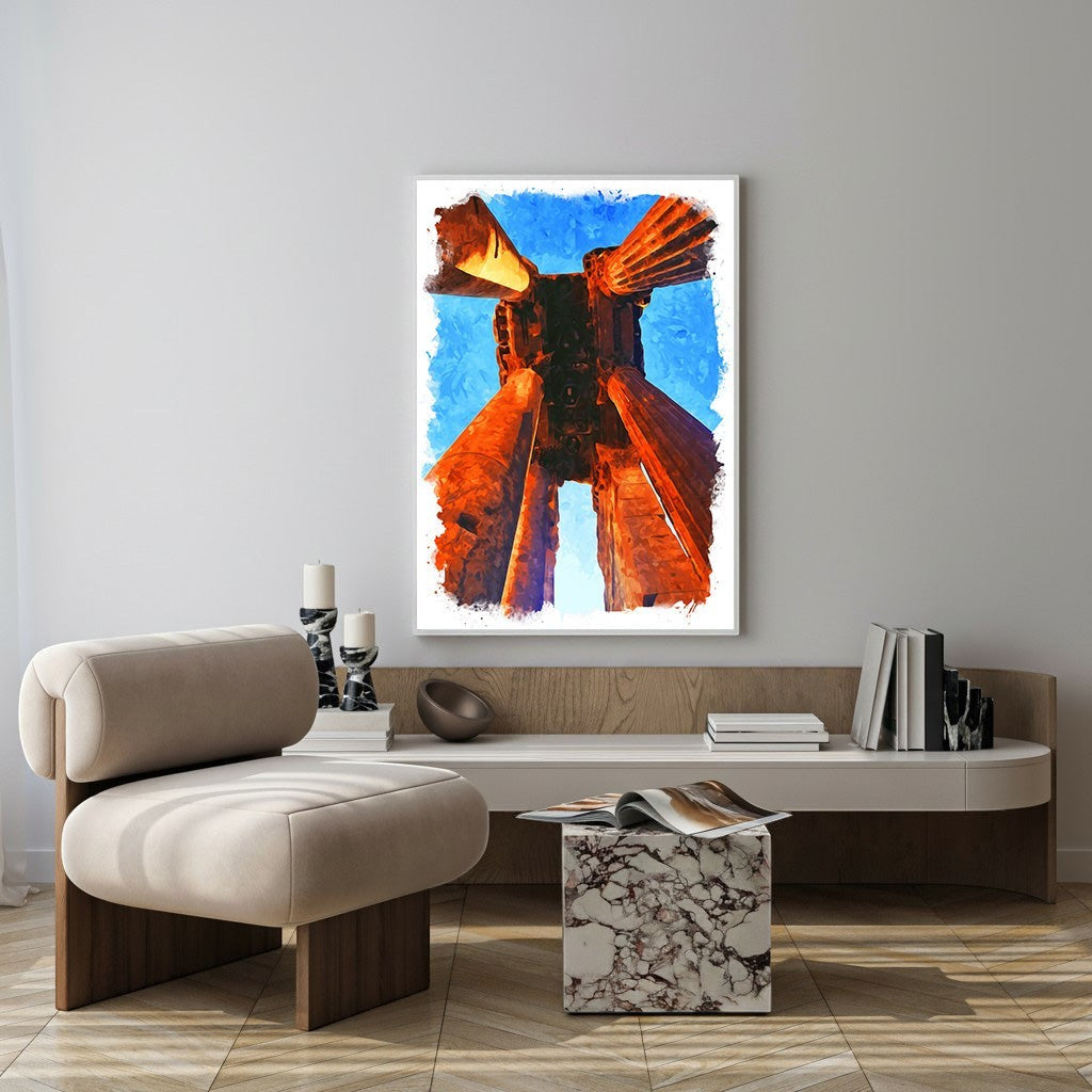 Wadi Home Ancient Columns abstract wall art featuring warm tones of ancient columns against a vibrant blue sky in a painterly style.