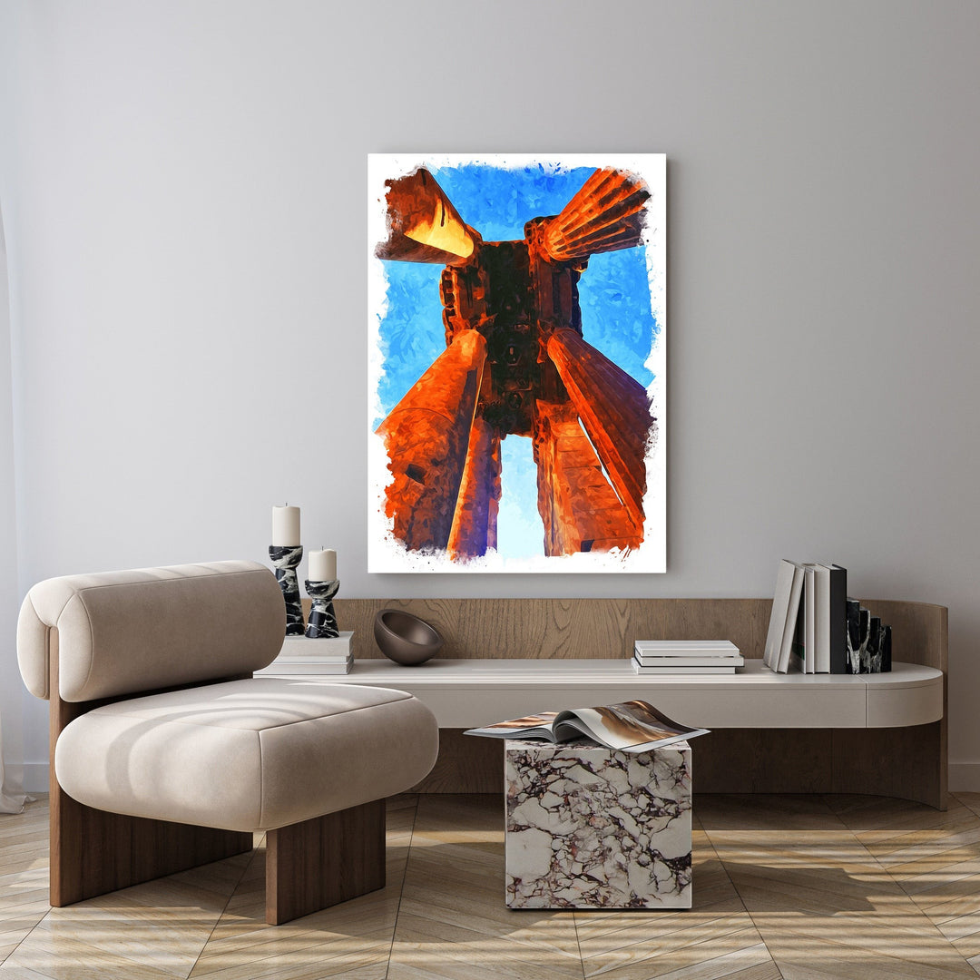 Wadi Home abstract wall art depicting ancient columns in warm earthy tones against a vivid blue sky, painterly style.