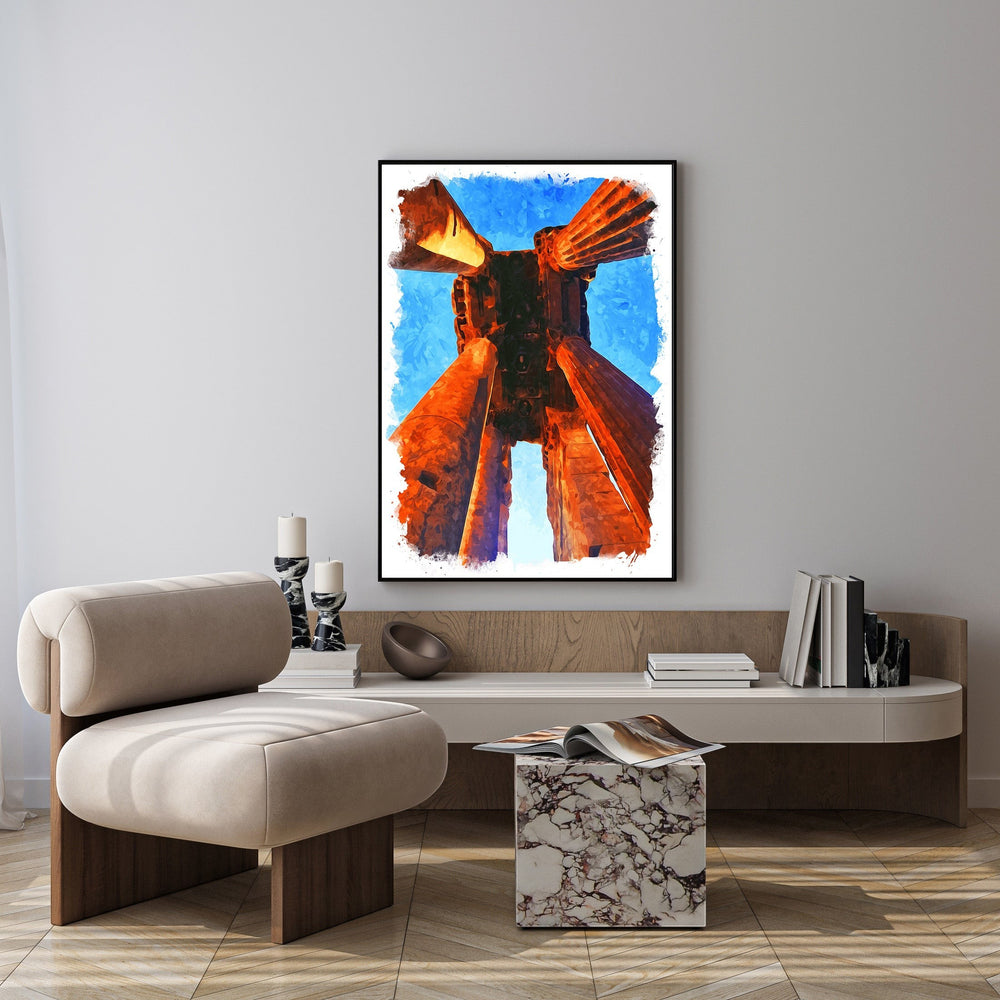 Wadi Home Ancient Columns abstract wall art, featuring warm terracotta columns against a vibrant blue sky in a painterly style.