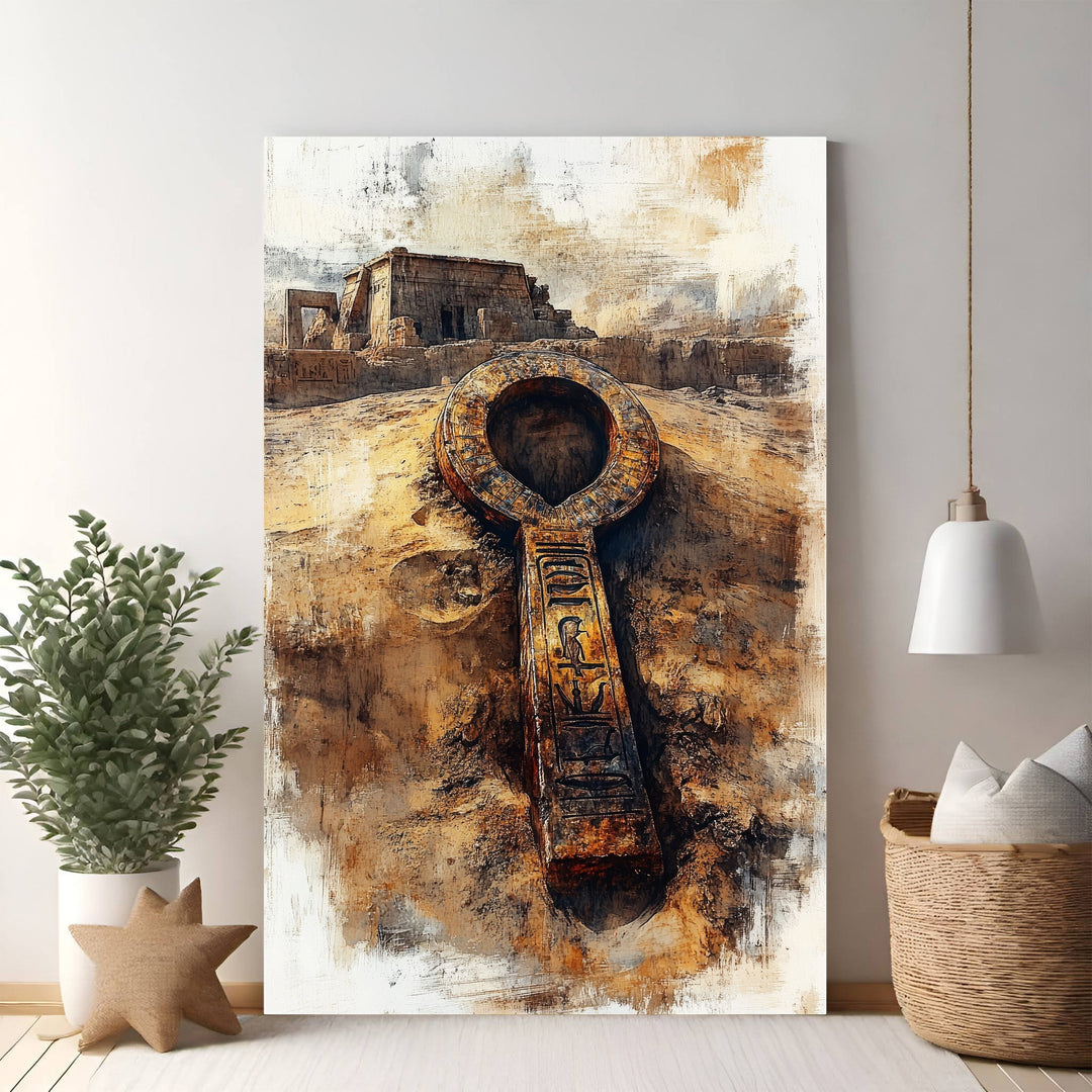 Wadi Home Ancient Egyptian Ankh artifact with hieroglyphs, weathered bronze finish, set against desert ruins.