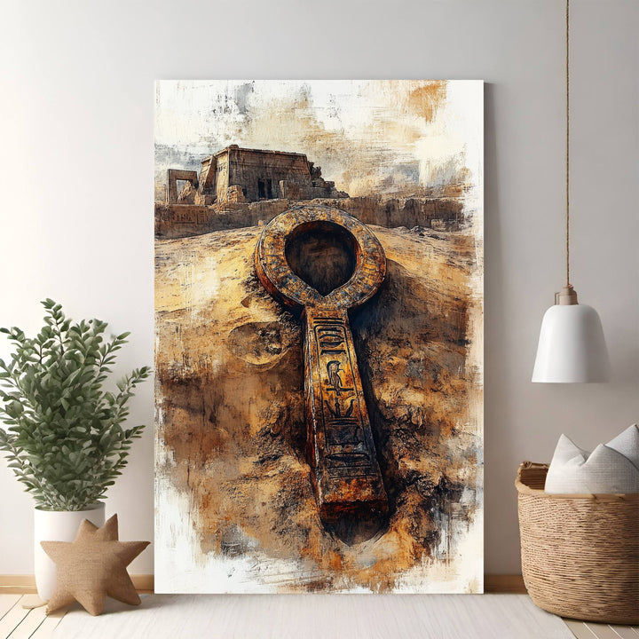 Wadi Home Ancient Egyptian Ankh artifact with hieroglyphs, weathered bronze finish, set against desert ruins.