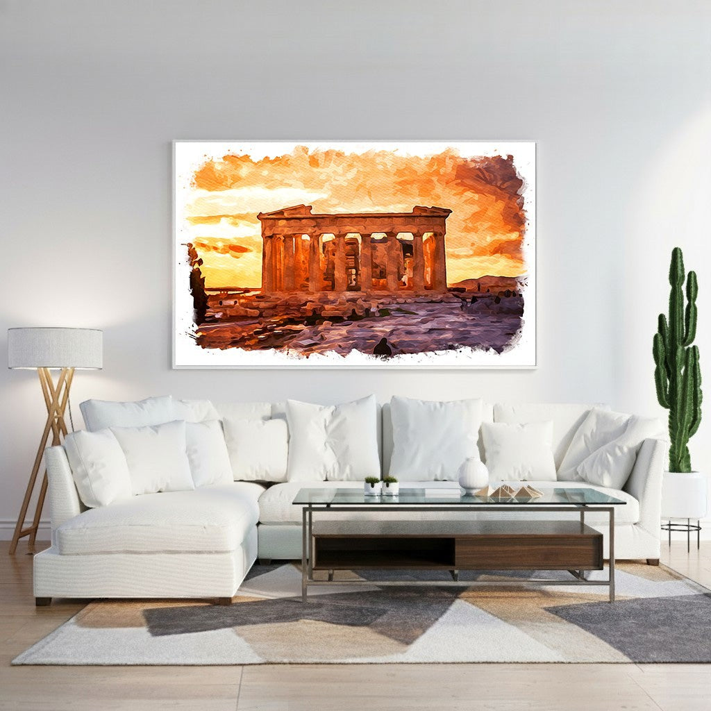 Wadi Home watercolor art of an ancient Greek temple at sunset, with warm orange and purple hues.