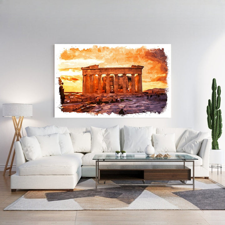 Wadi Home watercolor art of an ancient Greek temple at sunset, with warm orange and yellow hues.