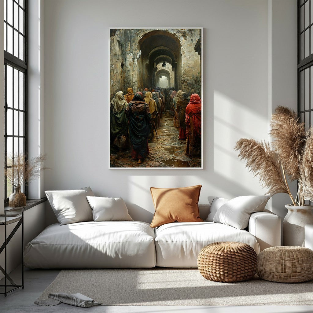 Wadi Home artwork: Ancient Procession Through Arched Hallway, depicting figures in muted robes walking through a stone corridor.