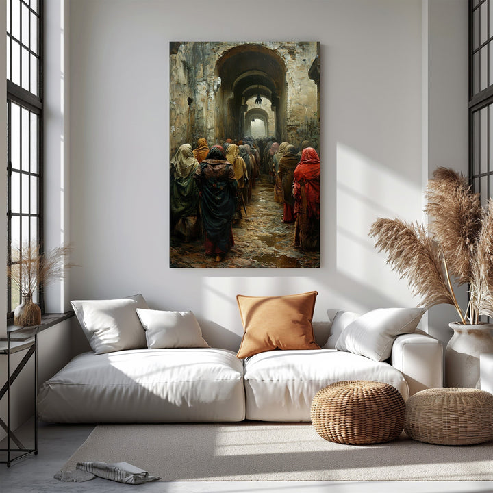 Wadi Home artwork: Ancient Procession Through Arched Hallway, figures in muted robes walk through a stone corridor.
