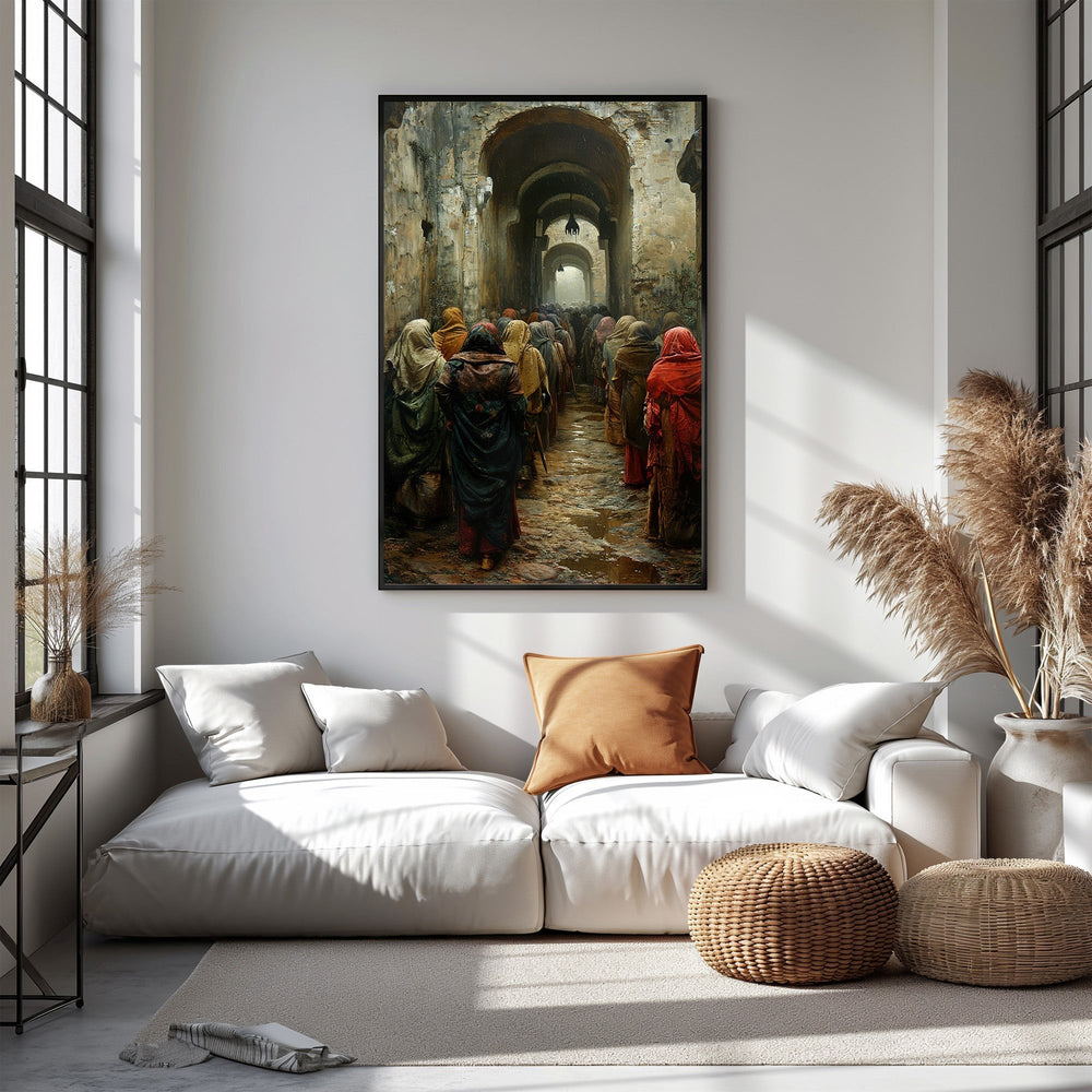 Wadi Home artwork depicting figures in flowing robes walking through a stone arched hallway with muted colors and atmospheric lighting.