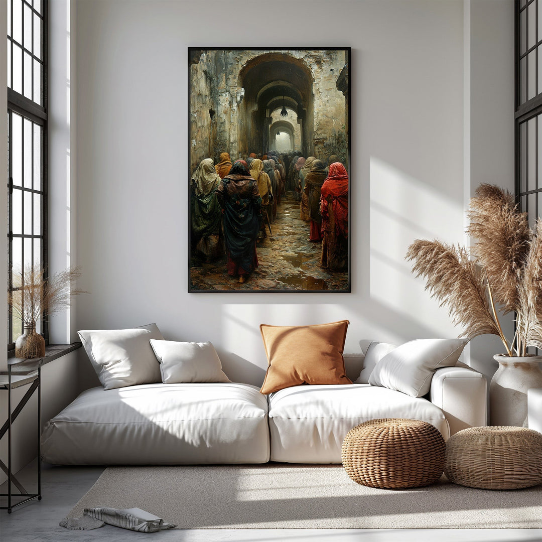 Wadi Home artwork depicting figures in flowing robes walking through a stone arched hallway with muted colors and atmospheric lighting.