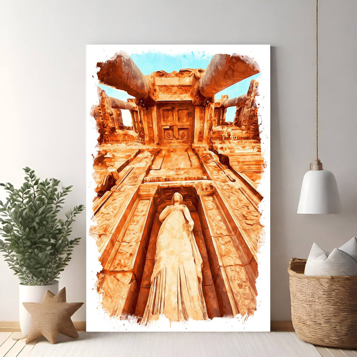 Wadi Home watercolor art of ancient temple entrance with statue, warm orange tones, dramatic perspective.