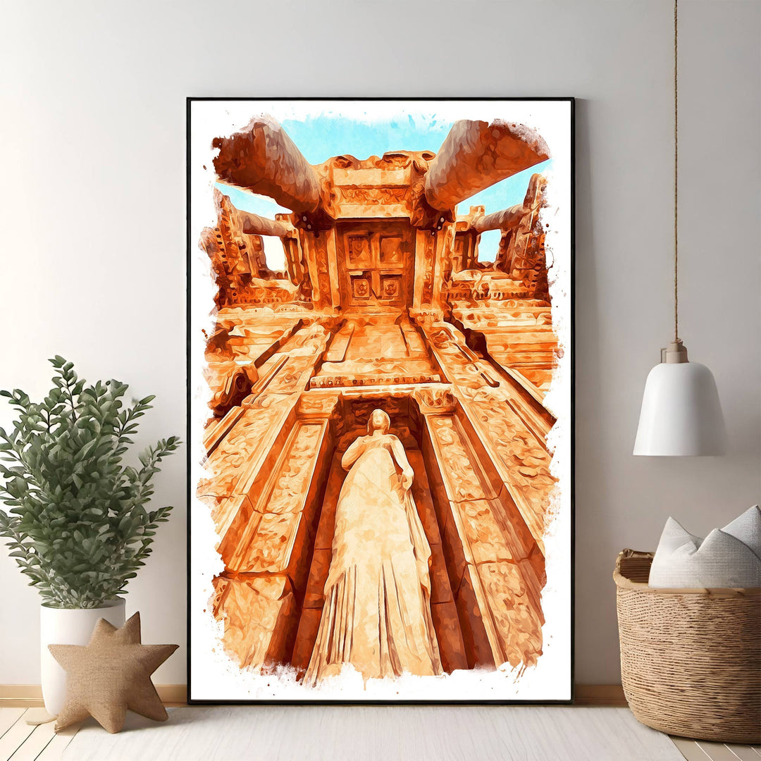 Wadi Home watercolor art of an ancient temple entrance with a statue, featuring warm orange tones and dramatic perspective.
