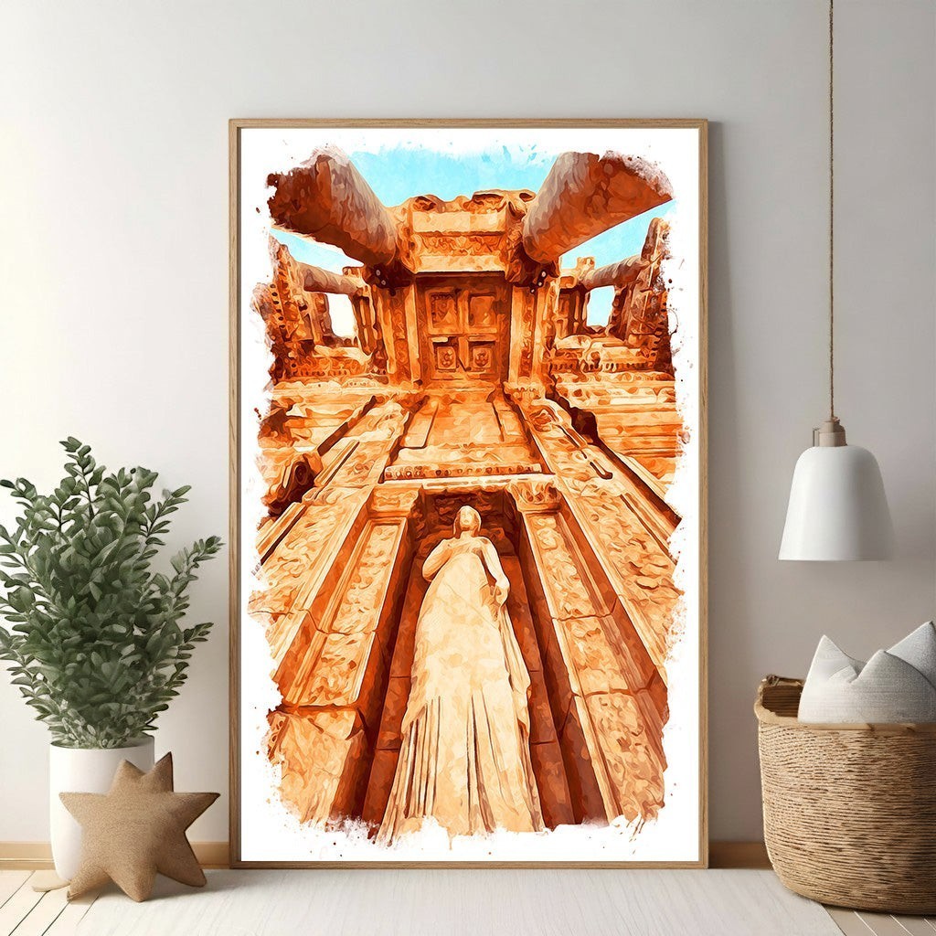Wadi Home watercolor art of ancient temple entrance with statue, warm orange tones, dramatic perspective.