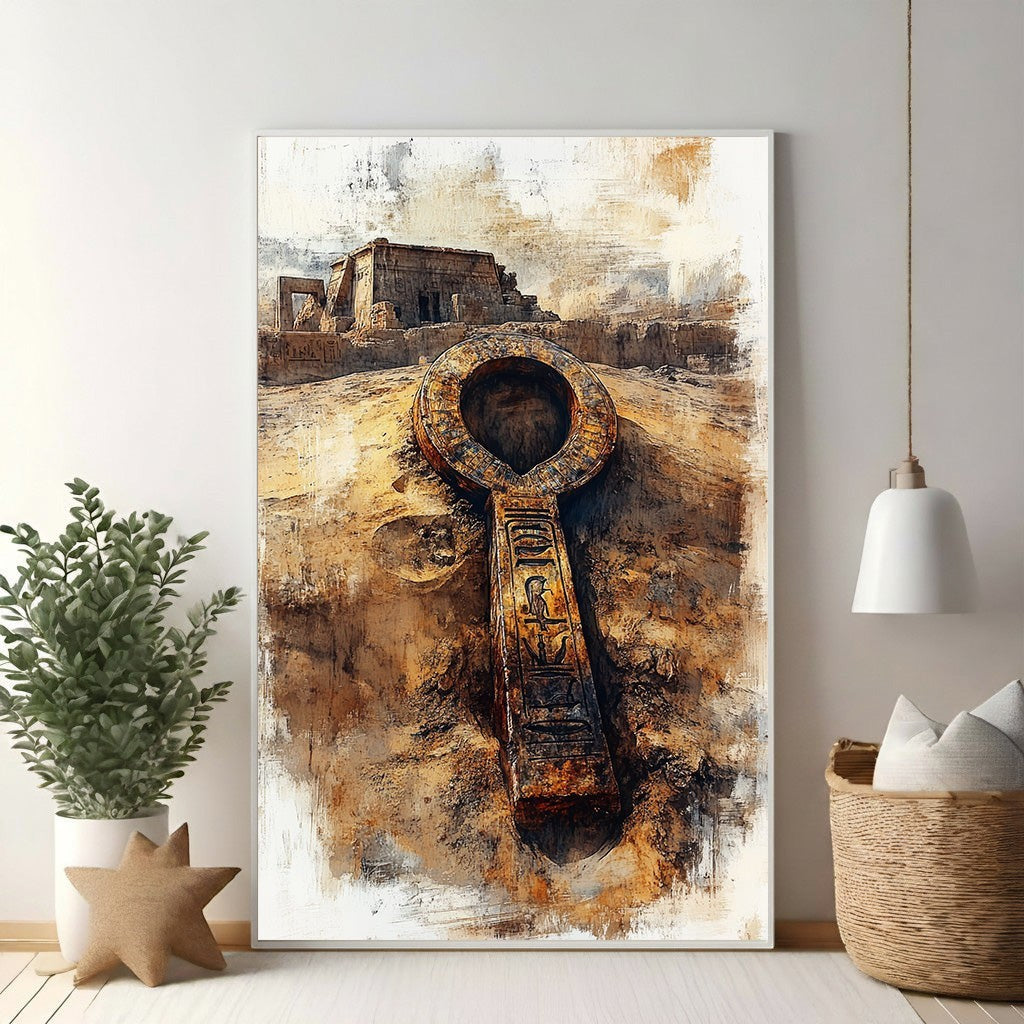 Wadi Home Ankh artifact art print with ancient Egyptian hieroglyphs, earthy tones, and textured finish.