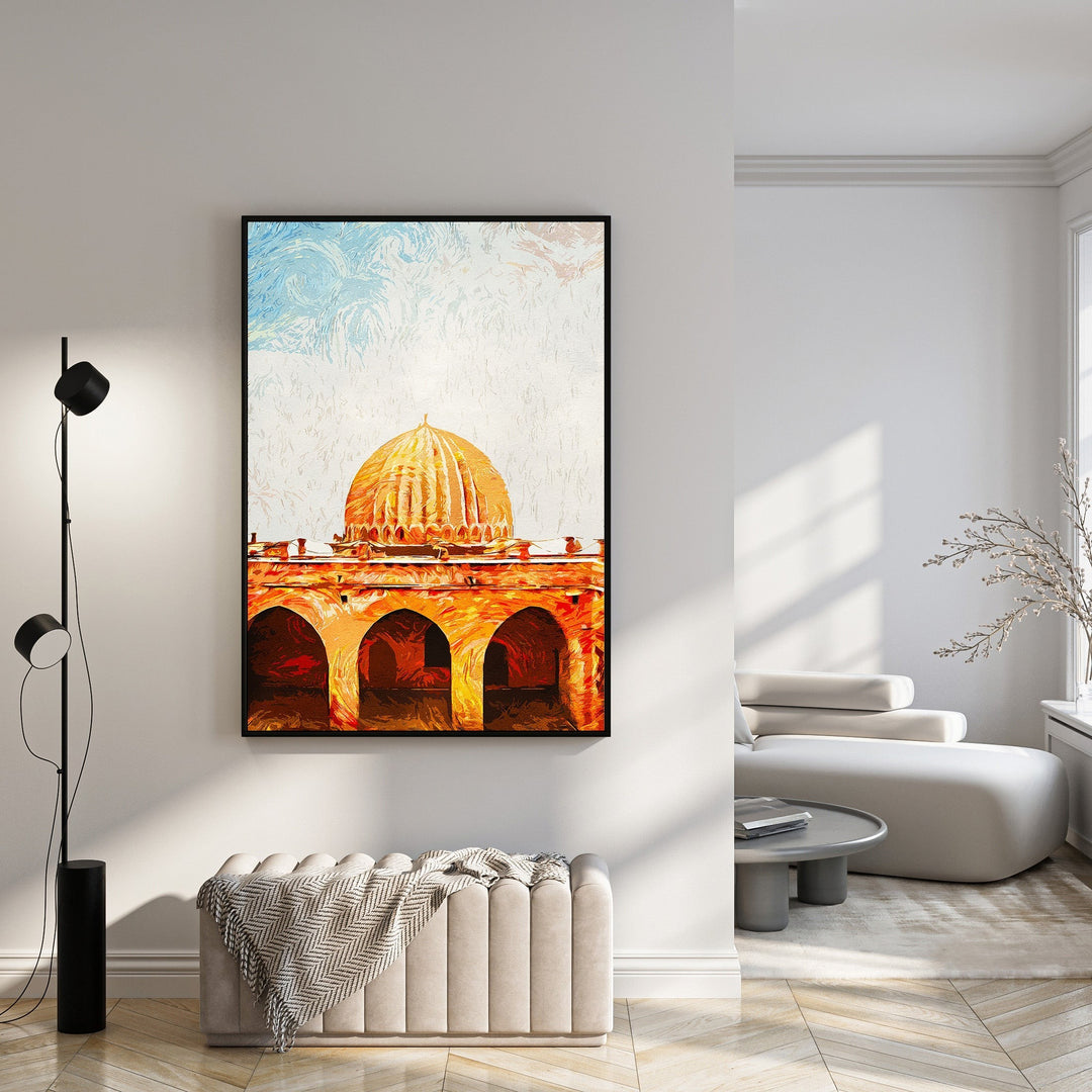 Wadi Home architectural dome artwork with warm earthy tones and textured brushstrokes. Depicts a domed structure with arches.