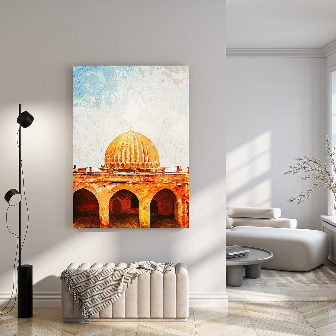 Wadi Home architectural dome artwork with warm earthy tones and textured brushstrokes, depicting a domed structure with arches.