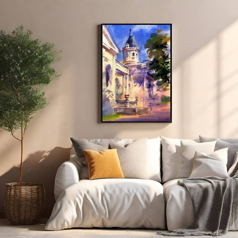 Wadi Home architectural watercolor painting of a historic building with blue sky and sunlight.