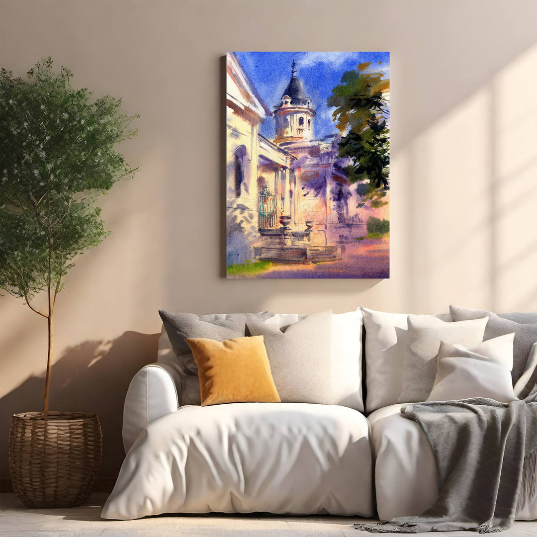 Wadi Home architectural watercolor painting of a historic building with a dome, bathed in sunlight, featuring blues and soft hues.