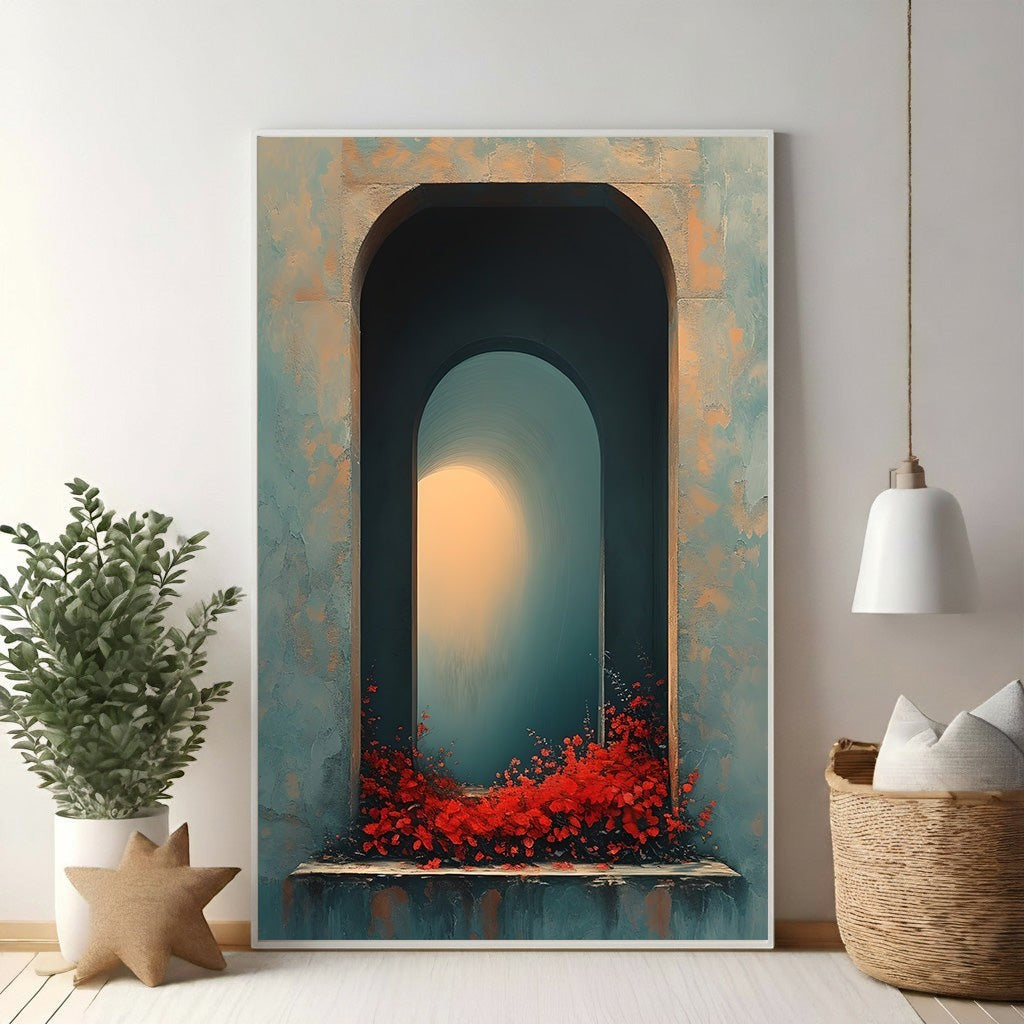 Wadi Home Archway With Blooming Flowers Wall Art featuring a textured archway with vibrant red flowers and a muted, Mediterranean-inspired color palette.
