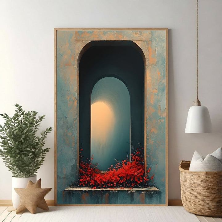 Wadi Home Archway With Blooming Flowers Wall Art, textured archway with vibrant red flowers, Mediterranean feel