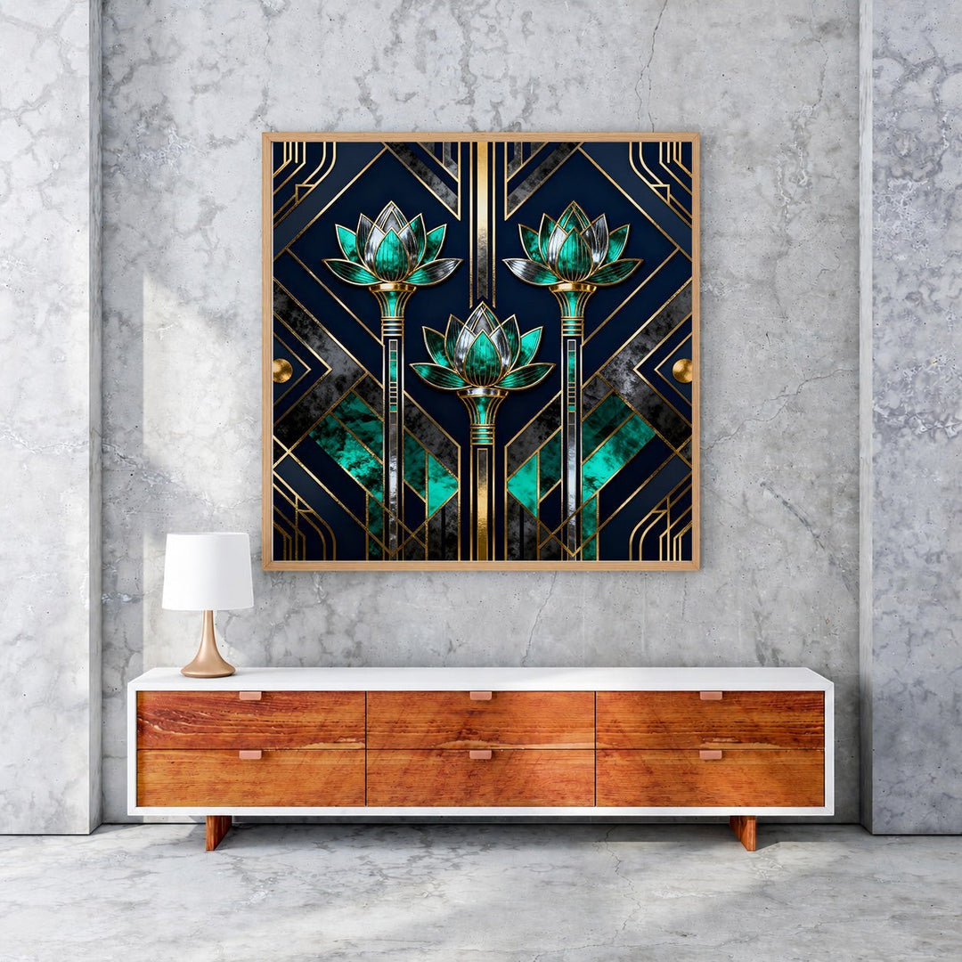 Wadi Home Art Deco lotus flower wall art with navy, emerald green, and gold accents. Geometric patterns and stylized blooms.