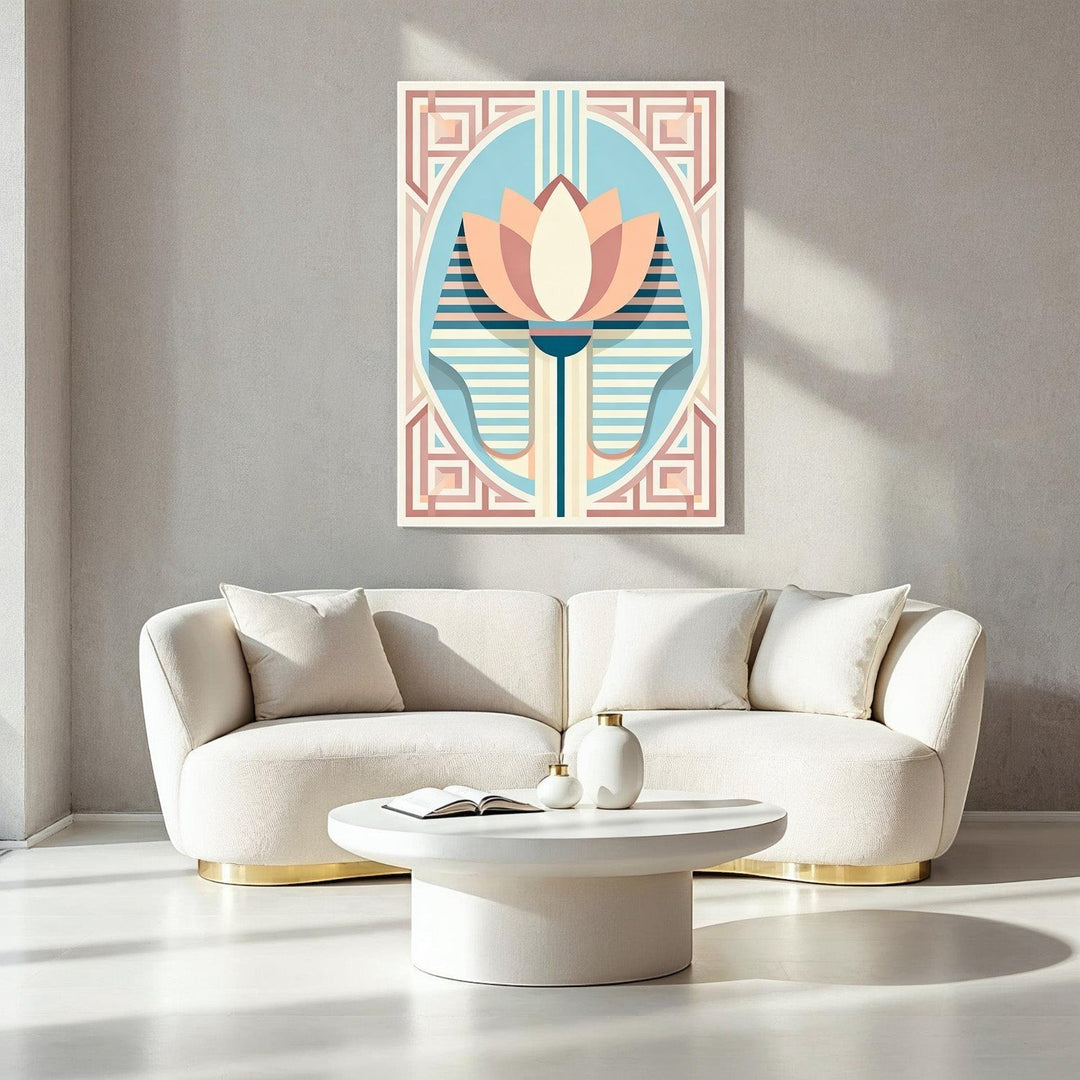 Wadi Home Art Deco lotus flower wall art in peach, cream, blue, and pink geometric patterns.