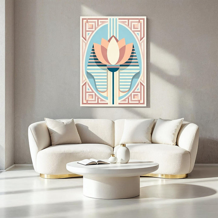 Wadi Home Art Deco lotus flower wall art in peach, cream, blue, and pink geometric patterns.