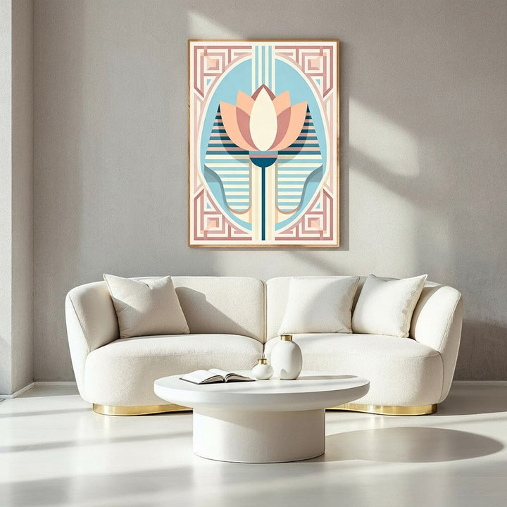 Wadi Home Art Deco lotus flower wall art in peach, cream, blue, and pink geometric design.