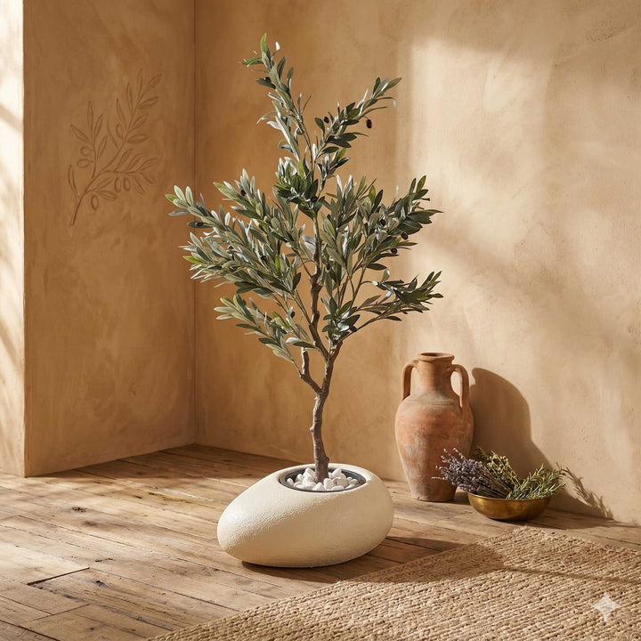 Wadi Home artificial olive tree with green leaves and black olives in a textured stone-effect pot with white pebbles.