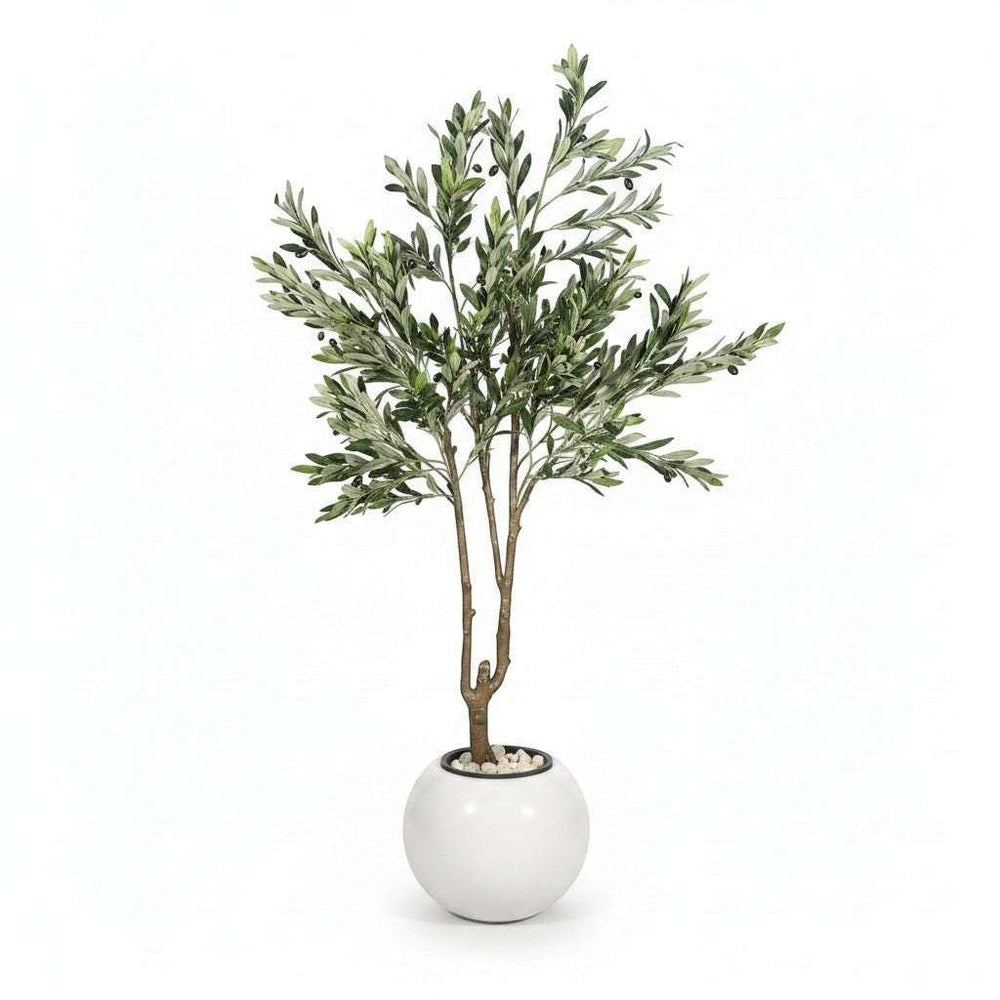 Wadi Home artificial olive tree with realistic green leaves and olives in a modern white spherical planter.