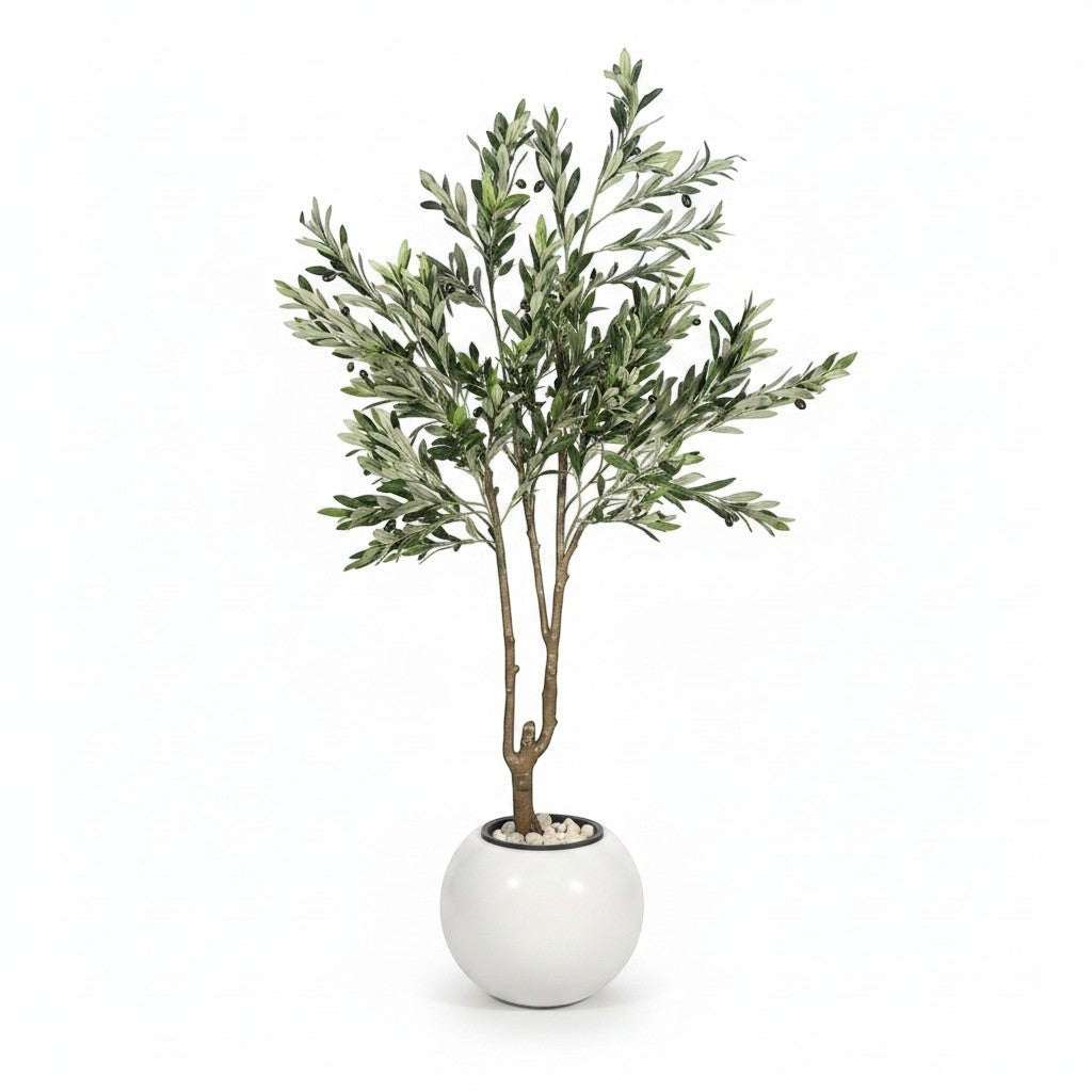 Wadi Home artificial olive tree with realistic green leaves and olives in a modern white spherical planter.