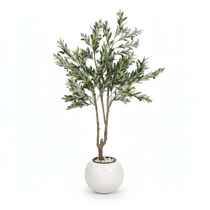 Wadi Home artificial olive tree with realistic green leaves and olives in a modern white spherical planter.