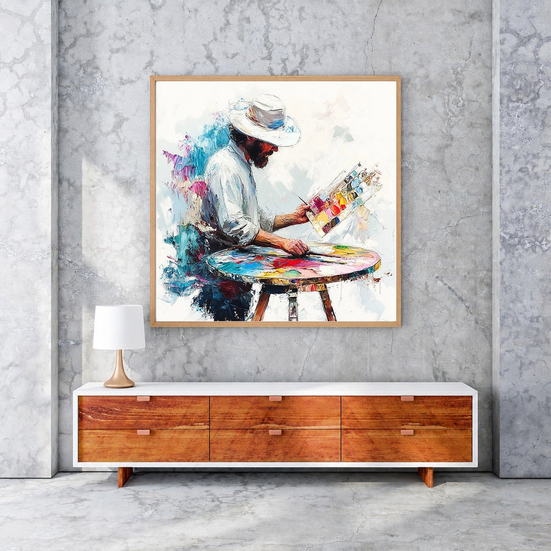 Wadi Home canvas wall art depicting an artist in a white hat painting with a palette and brush, vibrant colors, framed.