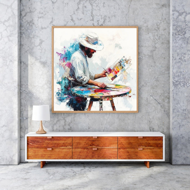 Wadi Home canvas wall art depicting an artist in a white hat painting with a palette and brush, vibrant colors, framed.