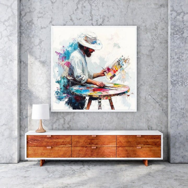 Wadi Home canvas wall art depicting an artist in a white hat painting at a colorful palette and table. Vibrant brushstrokes.