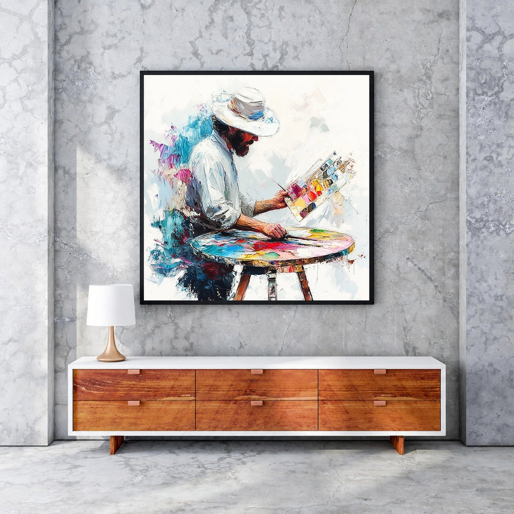 Wadi Home canvas wall art depicting an artist in a white hat painting with a colorful palette and brush.
